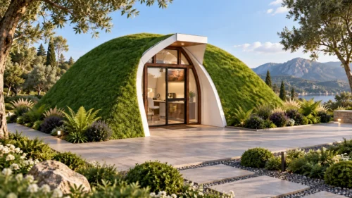 Suite Single modular home entrance in landscaped garden