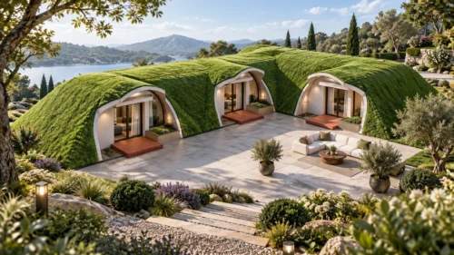 Architectural rendering of Terranova 2BD green-roof units around a landscaped central patio