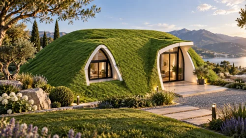 Deluxe Cabin exterior with arched entrance and landscaped garden