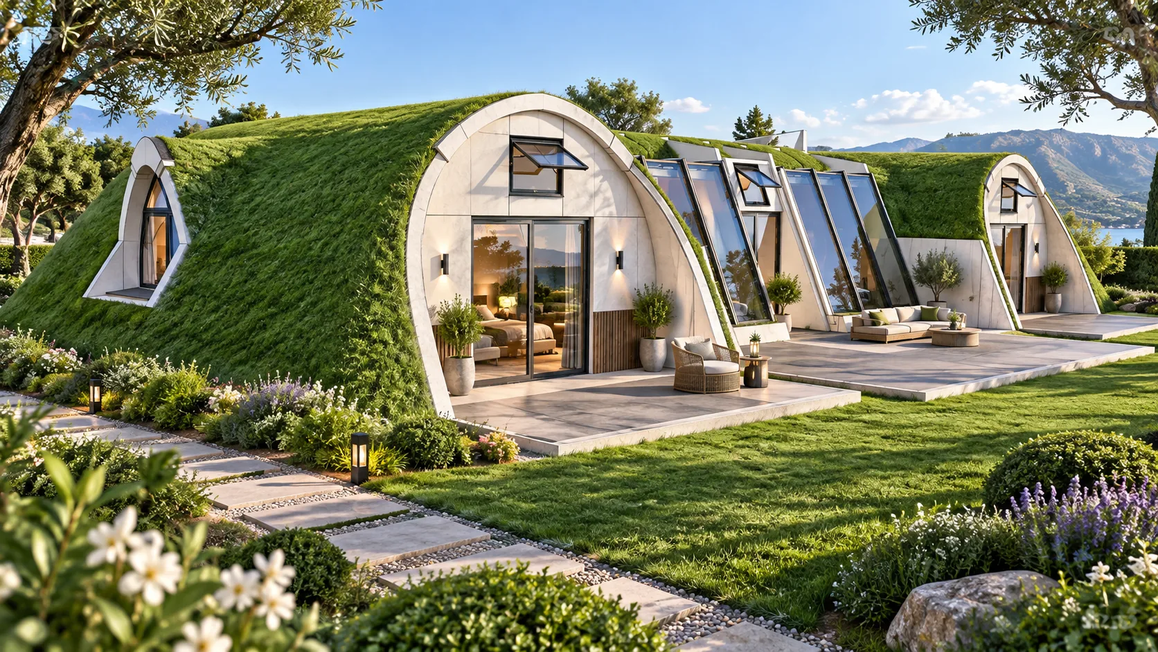 echo-oasis-bio-home-1-20260919 Architectural rendering of Oasis Bio Homes with curved green roofs beside a landscaped pool