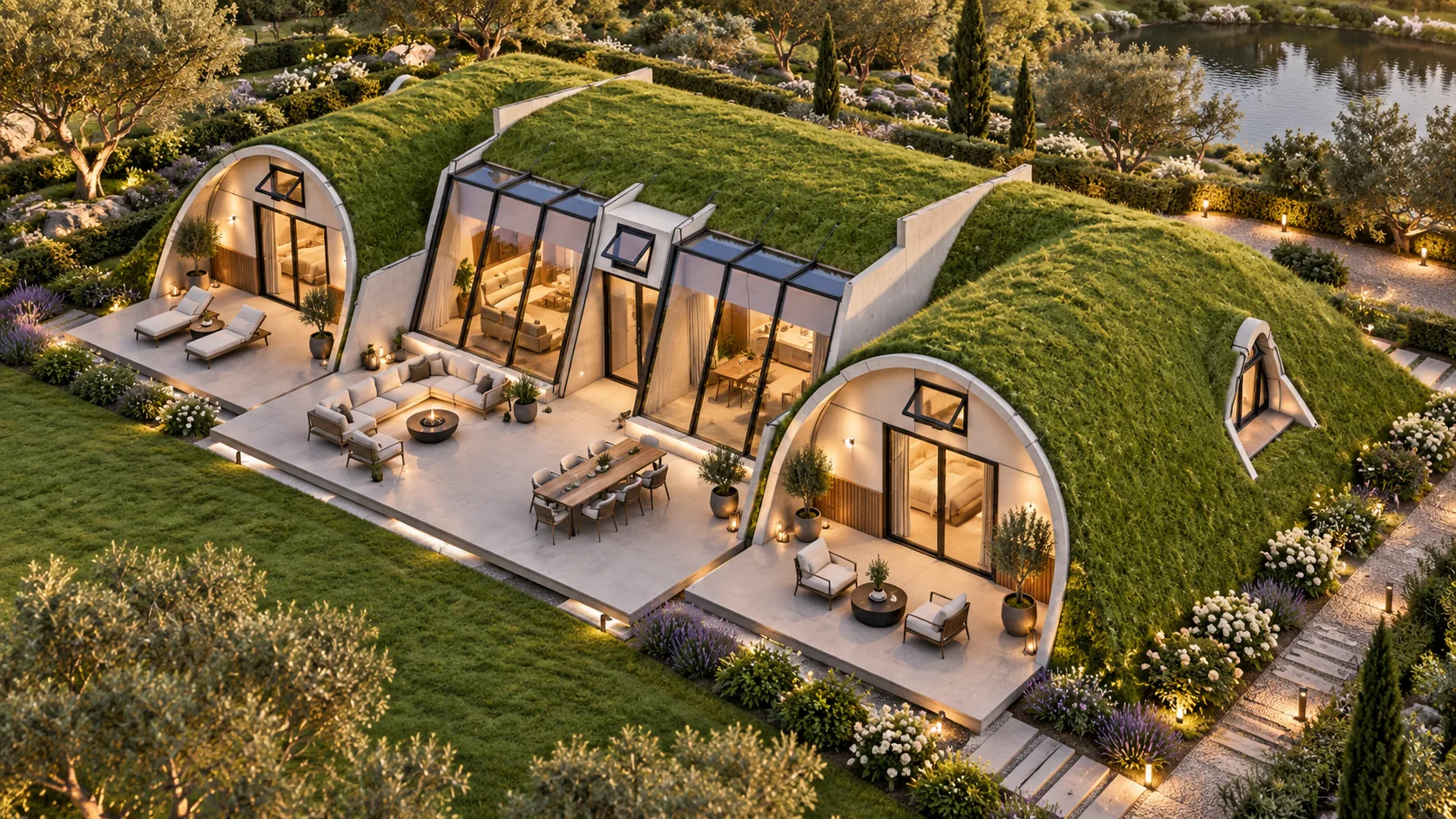 echo-oasis-bio-home-10-20260919 Aerial architectural rendering of curved Oasis Bio Homes arranged around landscaped grounds
