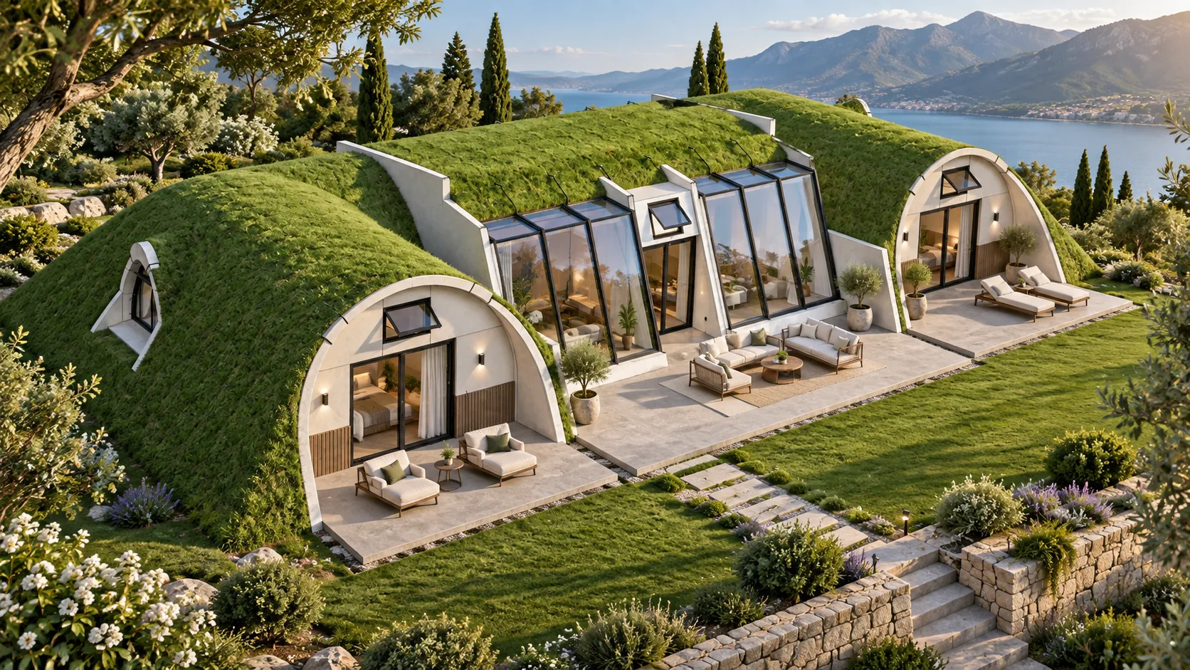 echo-oasis-bio-home-2-20260919 Aerial architectural rendering of an Oasis Bio Homes cluster with landscaped paths and a pool