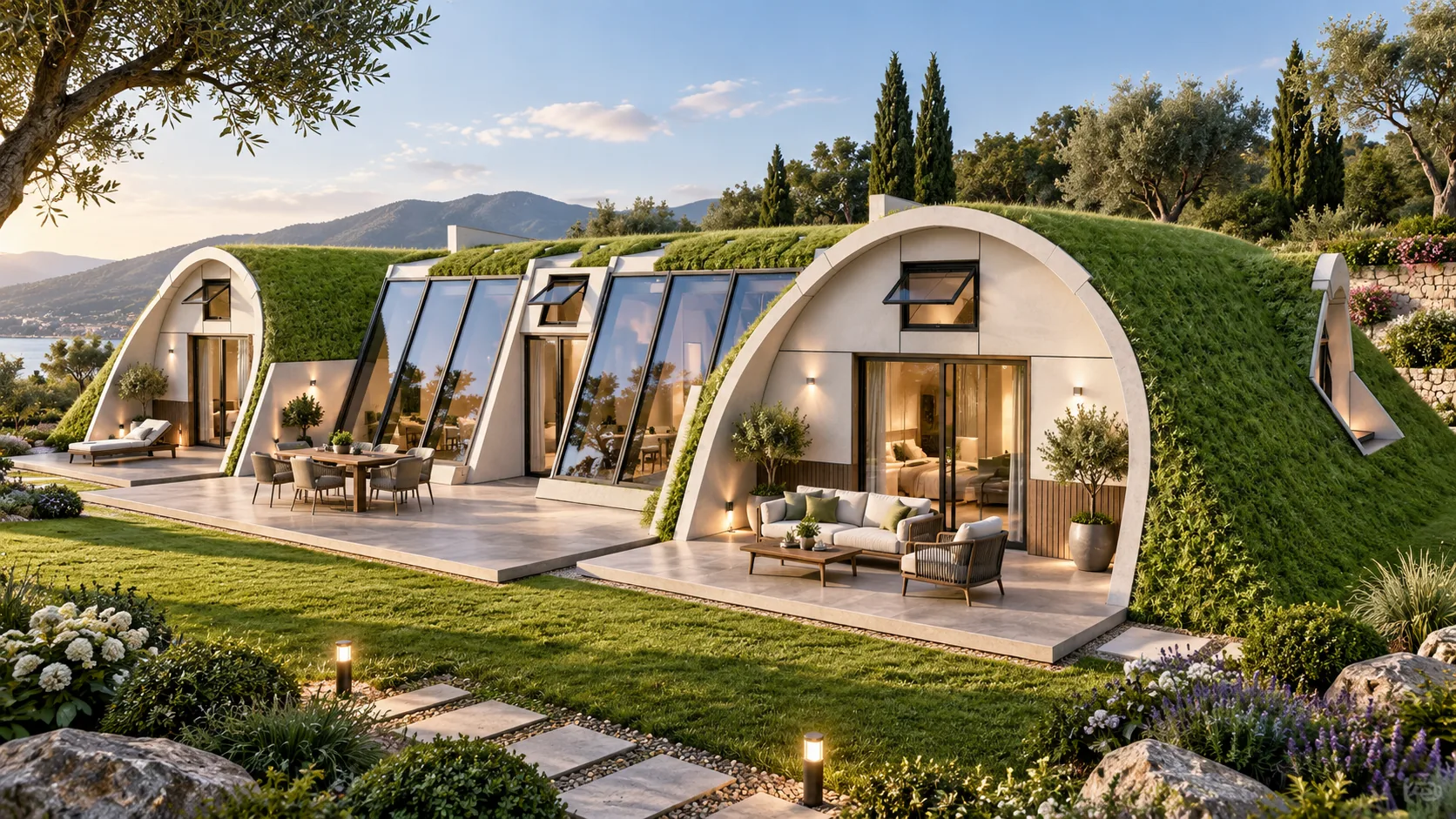 echo-oasis-bio-home-6-20260919 Architectural rendering of Oasis Bio Homes with curved green roofs beside a landscaped pond