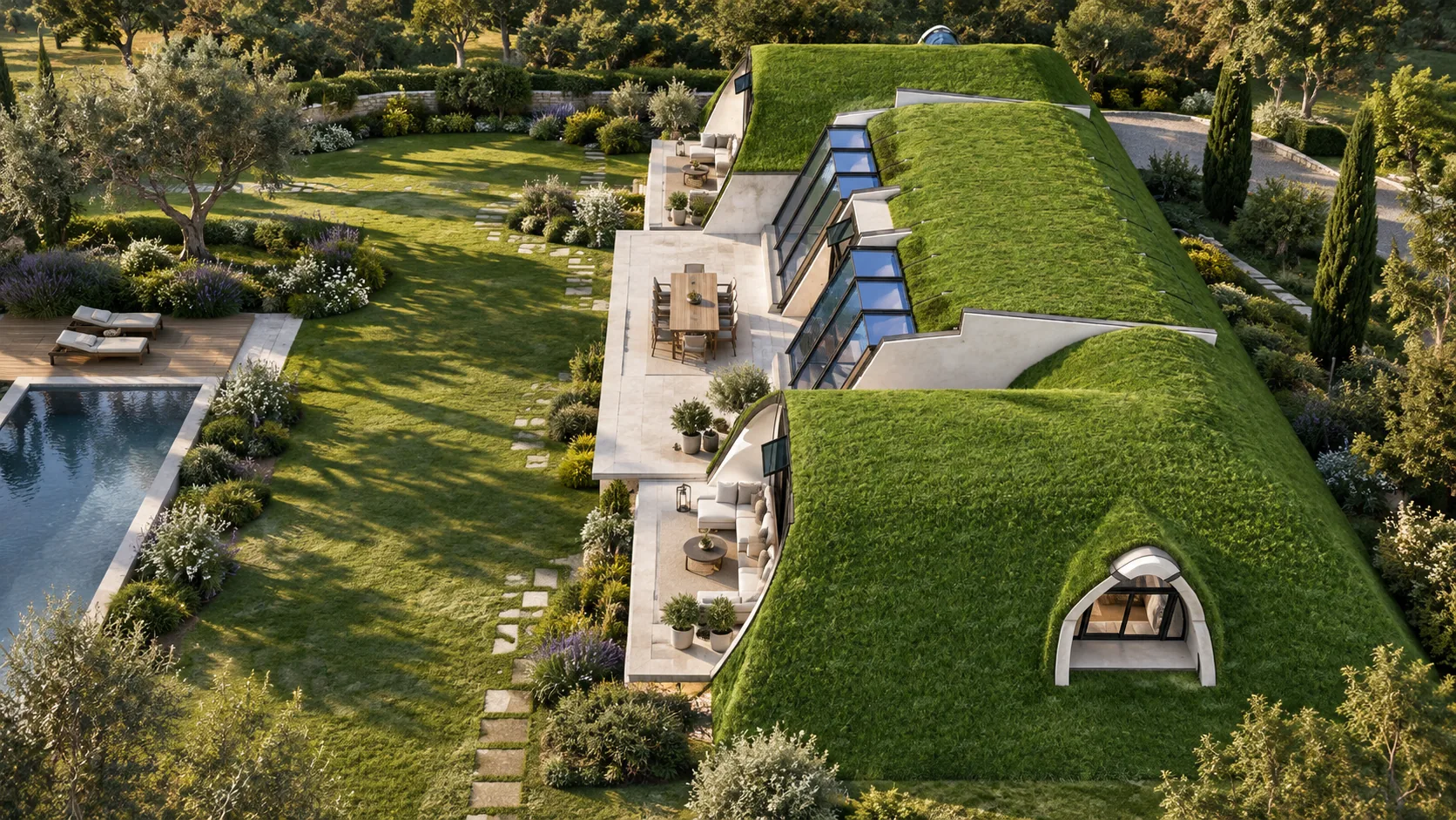 echo-oasis-bio-home-7-20260919 Aerial architectural rendering of an Oasis Bio Homes group with a pool and garden paths