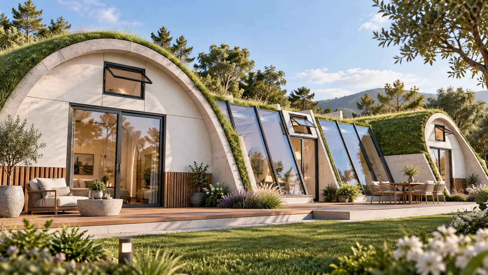 echo-oasis-bio-home-8-20260919 Close exterior rendering of an Oasis Bio Home with an arched entrance and glass facade