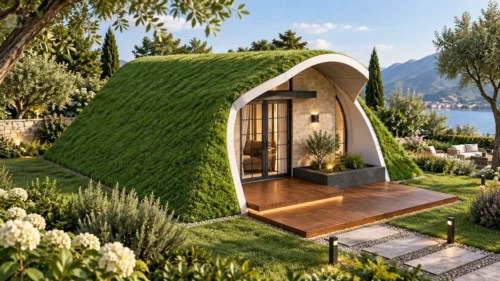 Front view of Royal Cabin with green roof and double glass doors