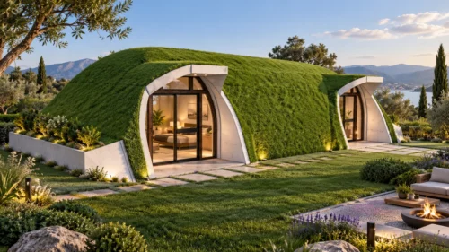 Suite Double modular home with twin entrances and green roof in a landscaped garden
