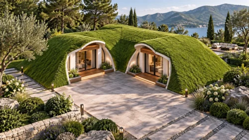 Terranova 1BD green-roof home with twin arched entrances and mountain view