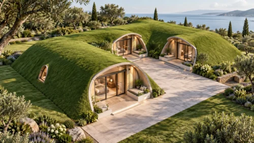 Aerial view of the Terranova 3BD modular home with three grass-covered arched wings and a central patio